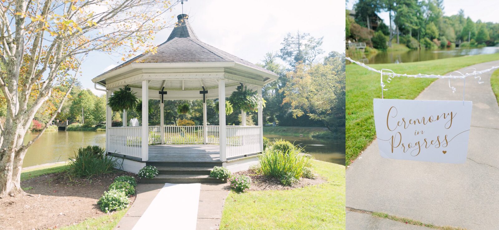 Romantic lakeside wedding ceremony under soft mountain light at Broyhill Park.