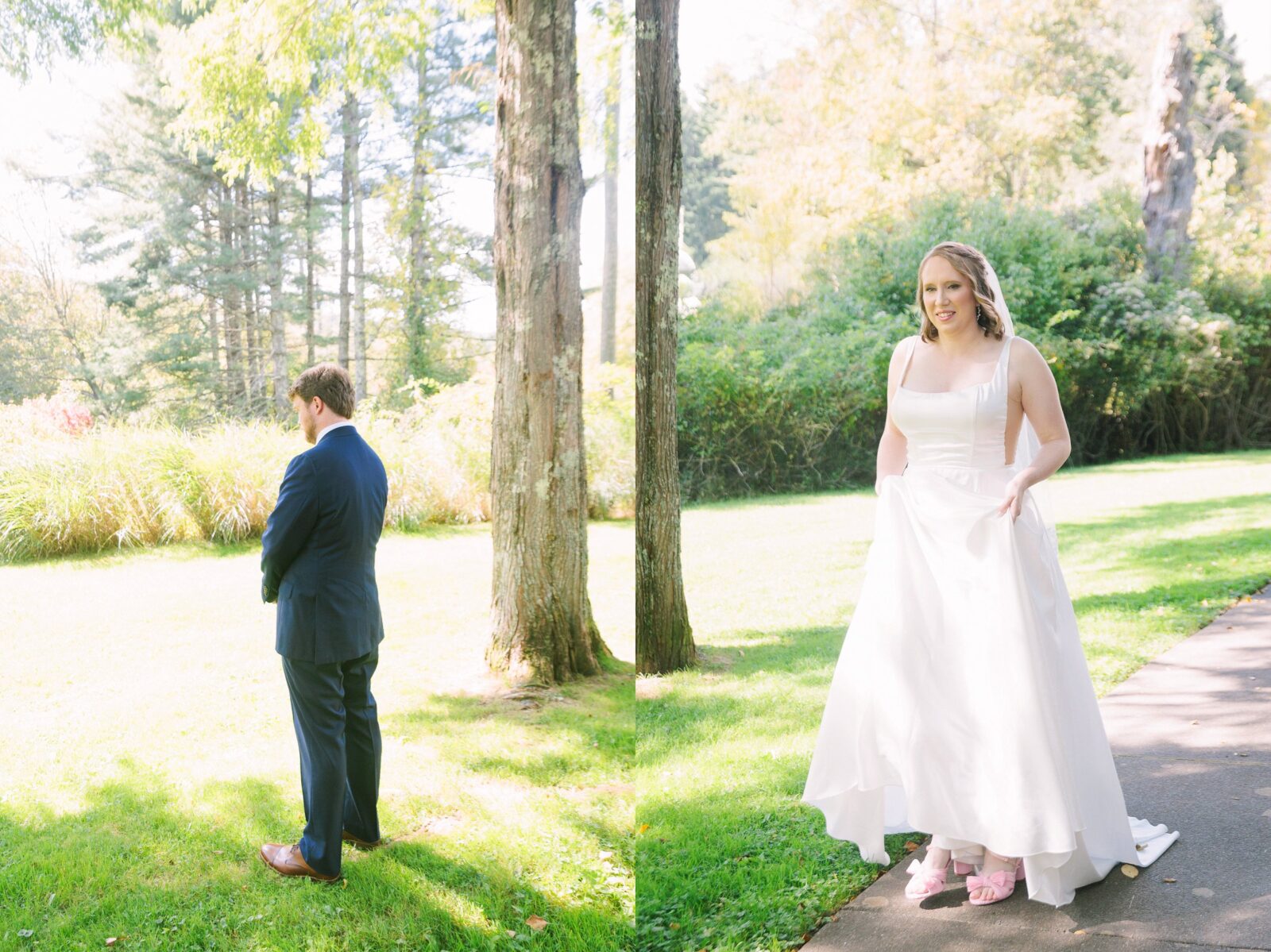 Bride and Groom first look at Broyhill Park in Blowing Rock, NC.