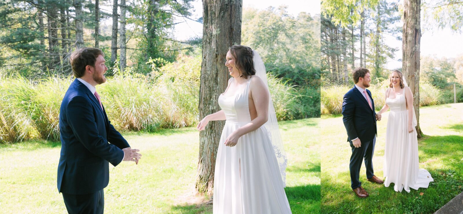 Bride and Groom first look at Broyhill Park in Blowing Rock, NC.
