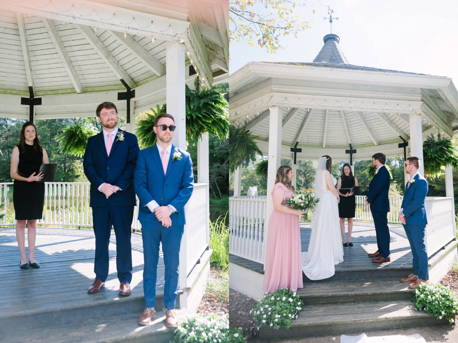 Romantic lakeside wedding ceremony under soft mountain light at Broyhill Park.
