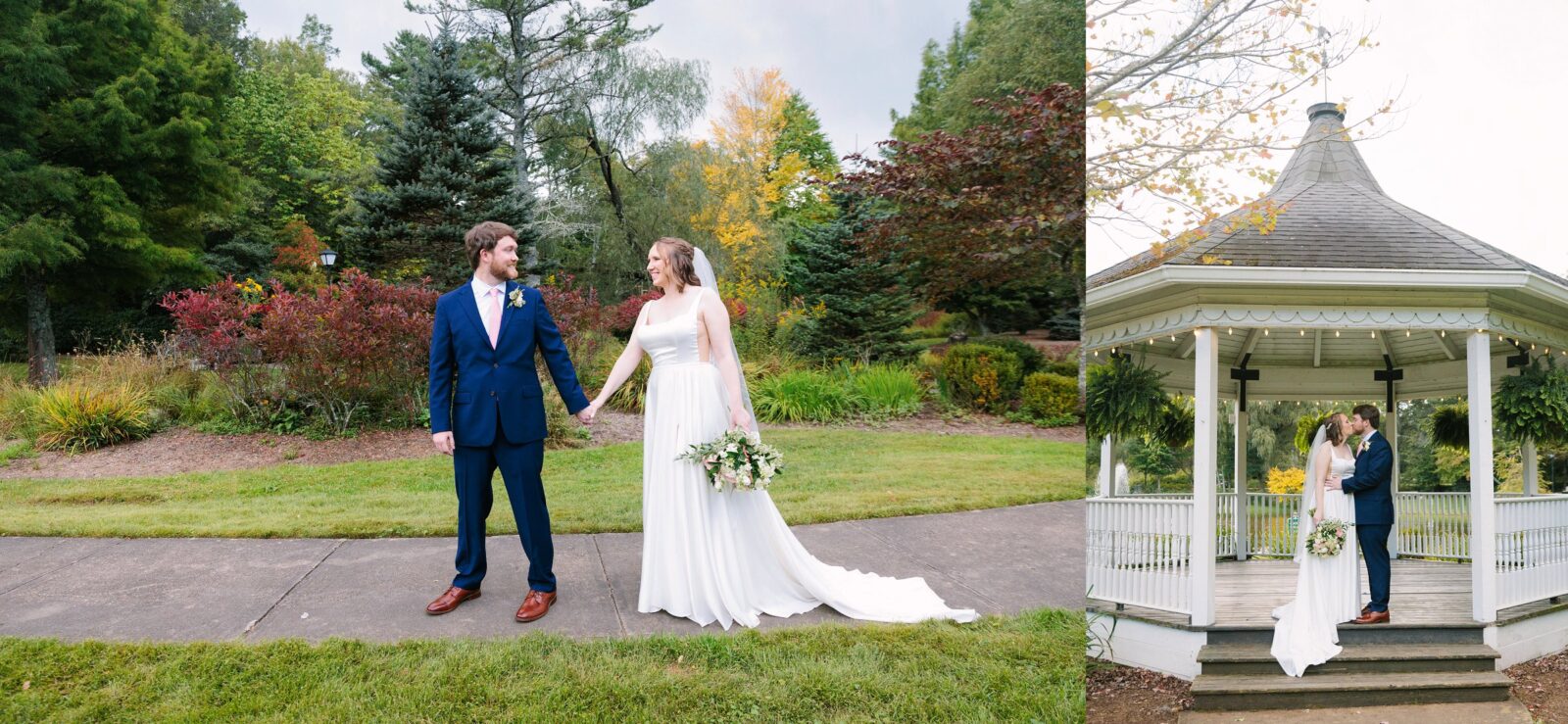 Couple holding hands on the gazebo at Broyhill Park during their Blowing Rock elopement.