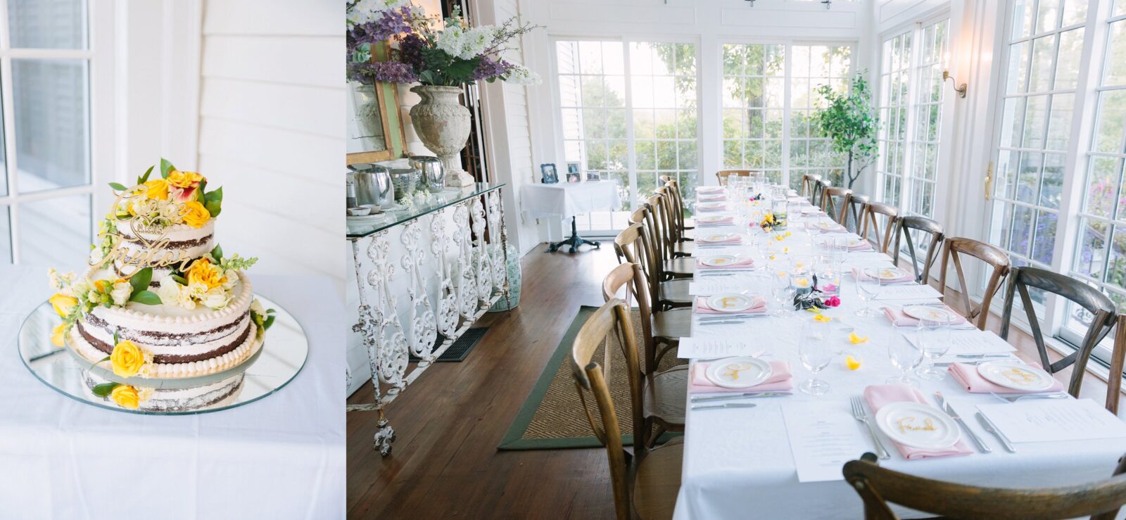 Small wedding cake and floral details at an intimate Westglow Spa reception.